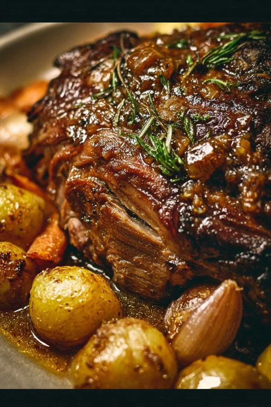 Honey Garlic Lamb Shoulder Roast garnished with herbs and served on a platter