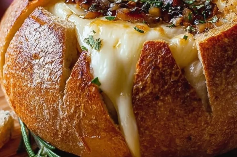 Delicious Hot Honey Baked Brie in a bread bowl appetizer