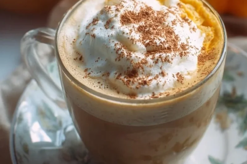 Delicious hot pumpkin spice latte topped with whipped cream and cinnamon.