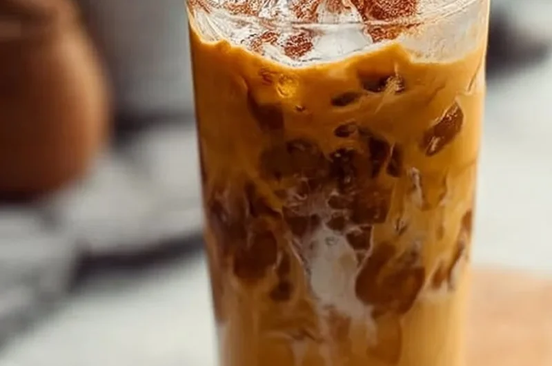 Iced Pumpkin Spice Latte topped with whipped cream and spices