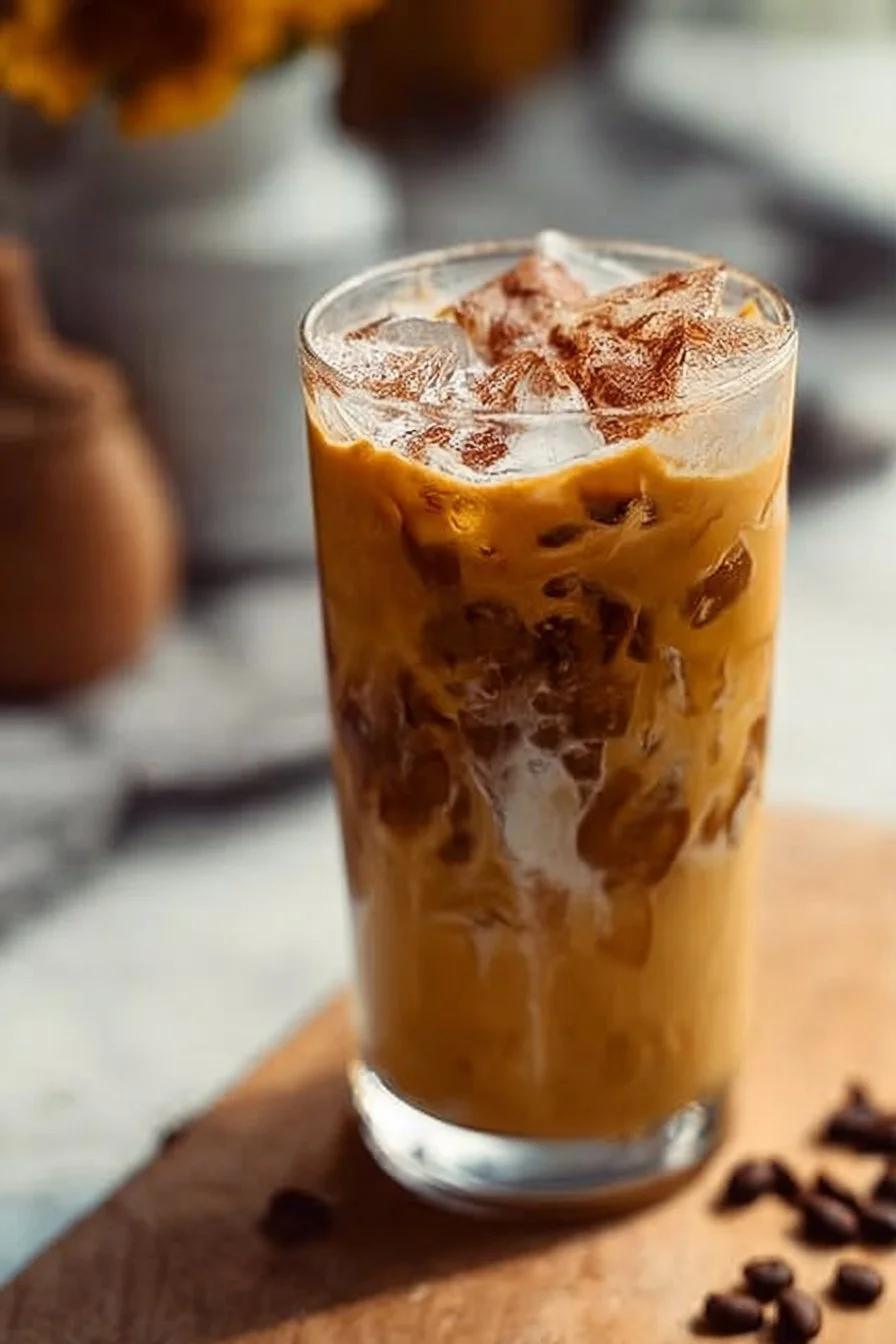 Iced Pumpkin Spice Latte topped with whipped cream and spices