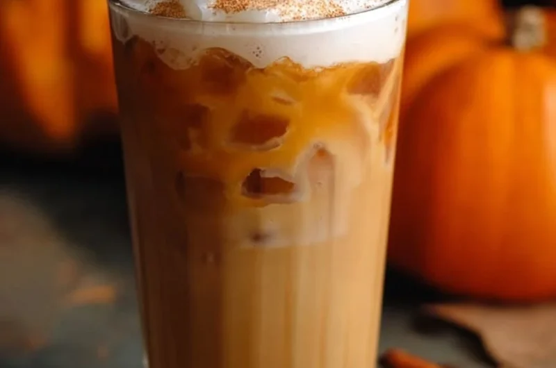 Iced Pumpkin Spiced Latte in a clear glass with whipped cream and spices