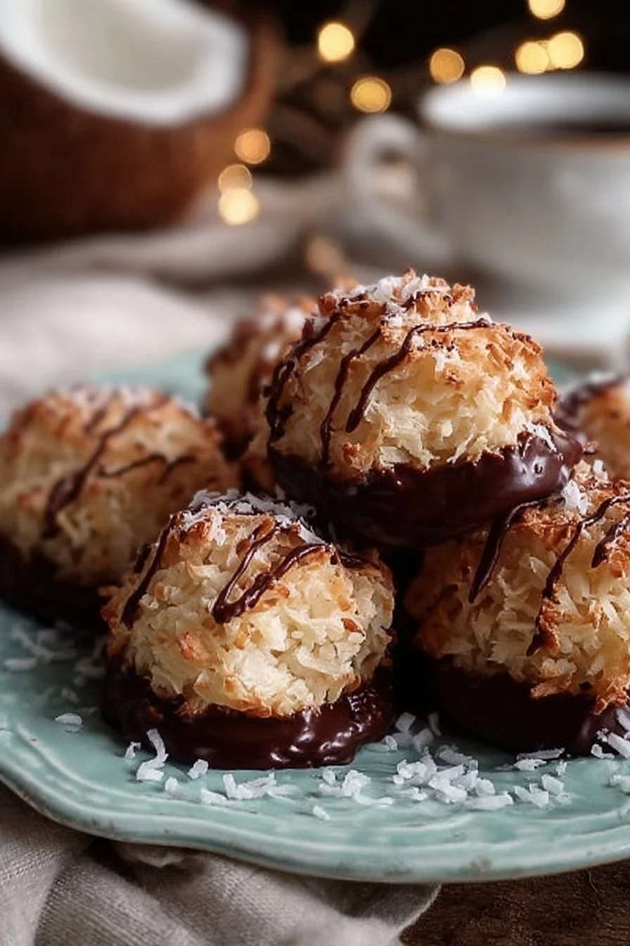 Delicious chocolate-dipped coconut macaroons on a white plate