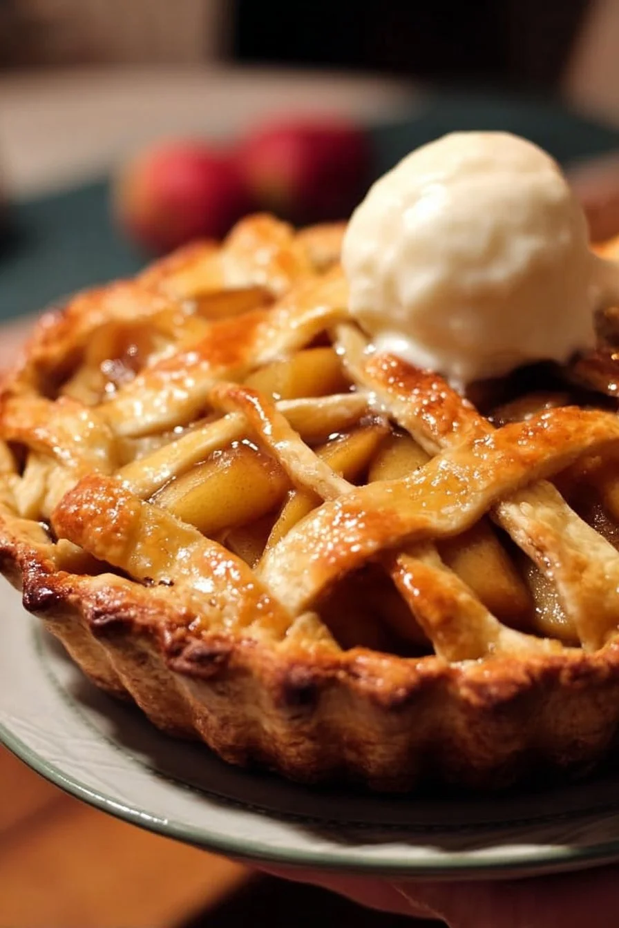 Freshly baked homemade apple pie with golden crust and apple filling