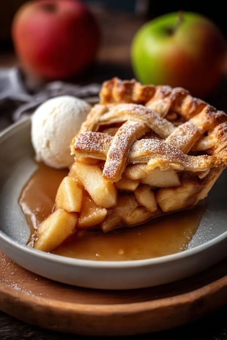 Homemade apple pie with golden crust and apple filling, perfect dessert.