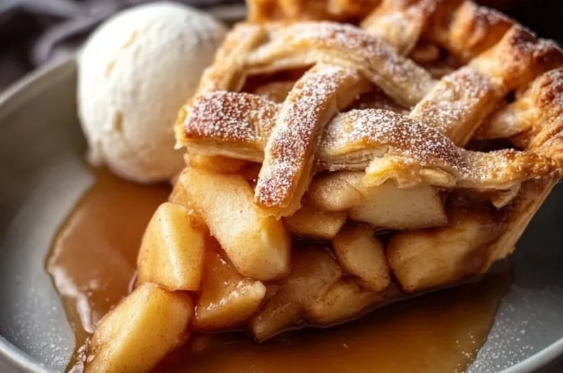 Homemade apple pie with golden crust and apple filling, perfect dessert.