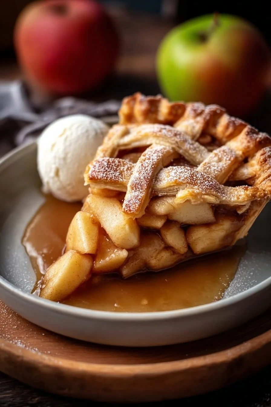 Homemade apple pie with golden crust and apple filling, perfect dessert.