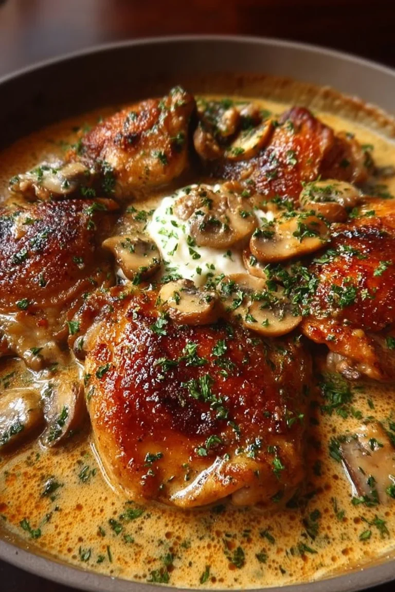 Juicy chicken thighs in creamy garlic mushroom sauce on a plate