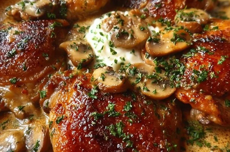 Juicy chicken thighs in creamy garlic mushroom sauce on a plate
