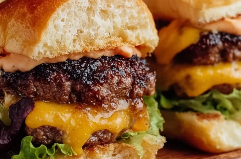 Juicy hamburger sliders topped with secret sauce served on a platter