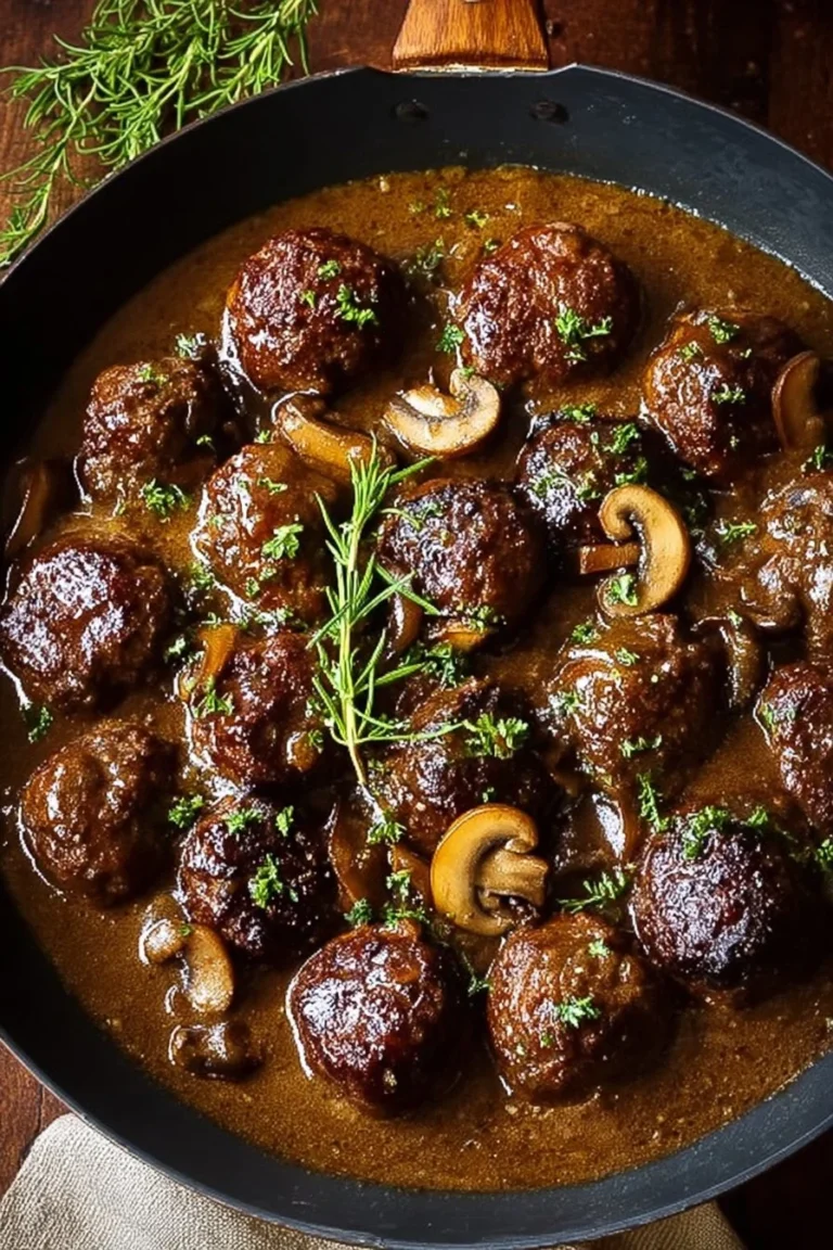 Juicy Salisbury steak meatballs with flavorful mushroom gravy served on a plate.