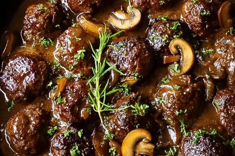 Juicy Salisbury steak meatballs with flavorful mushroom gravy served on a plate.