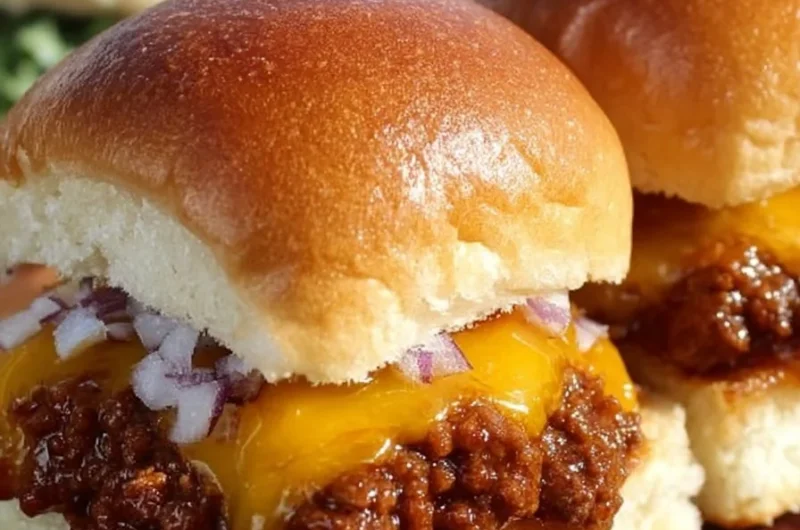 Juicy Sloppy Joe Sliders topped with gooey cheddar cheese served on a plate