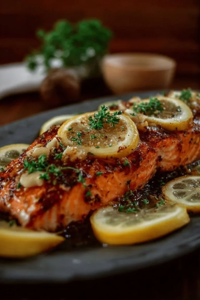 Lemon Garlic Butter Salmon served on a plate with fresh herbs
