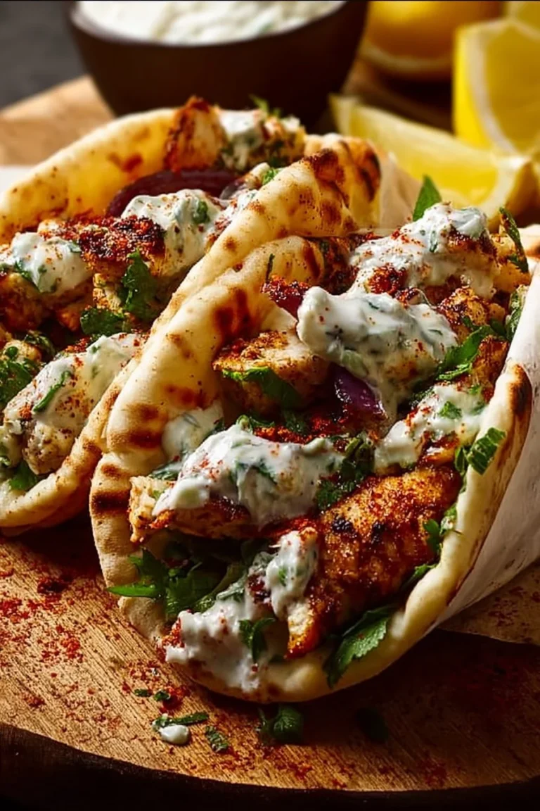 Lemon-Garlic Chicken Pitas served with fresh ingredients on a plate