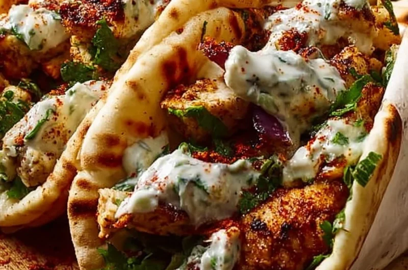 Lemon-Garlic Chicken Pitas served with fresh ingredients on a plate