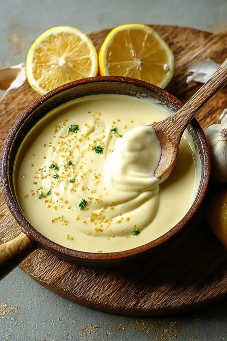 A creamy lemon garlic sauce drizzling over pasta, showcasing a vibrant flavor profile.