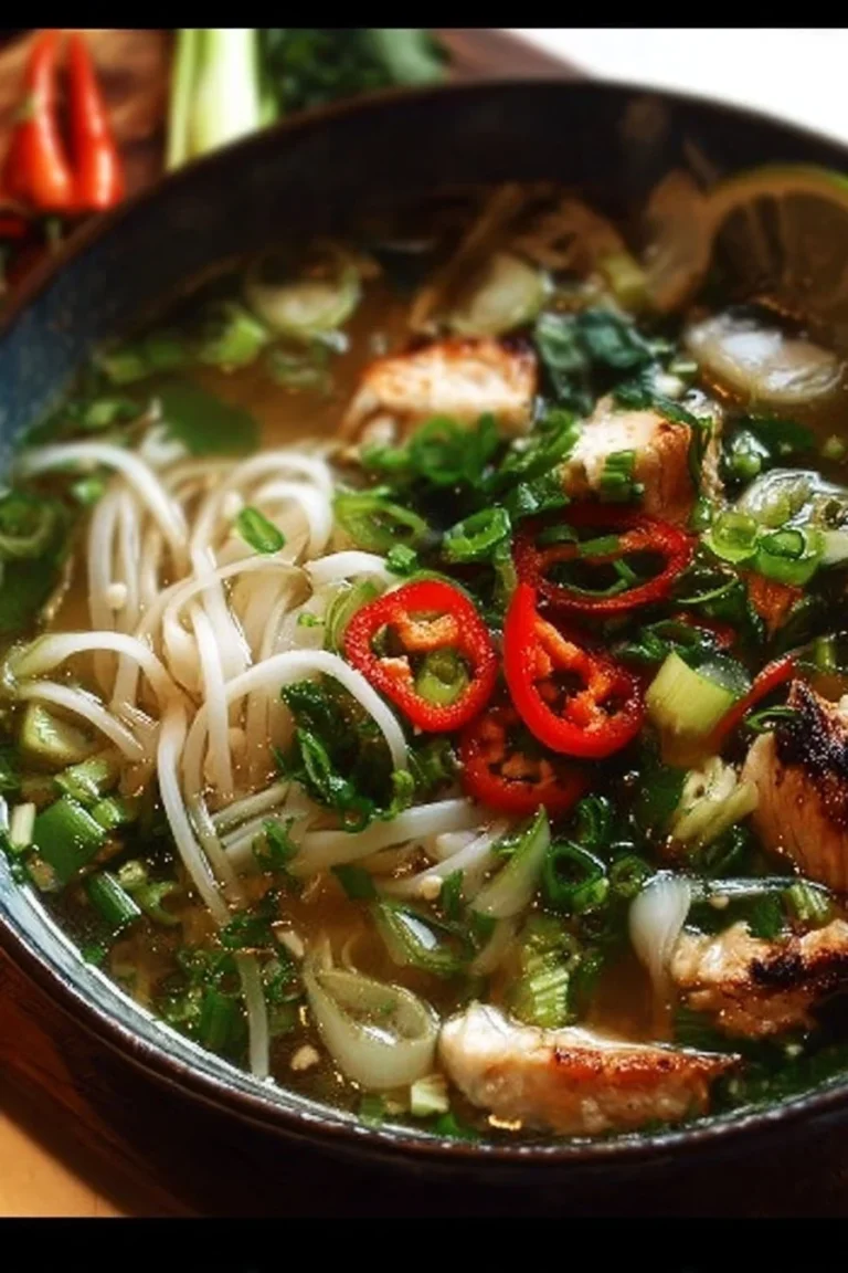Bowl of Lemongrass Chicken Pho Soup with fresh herbs and spices
