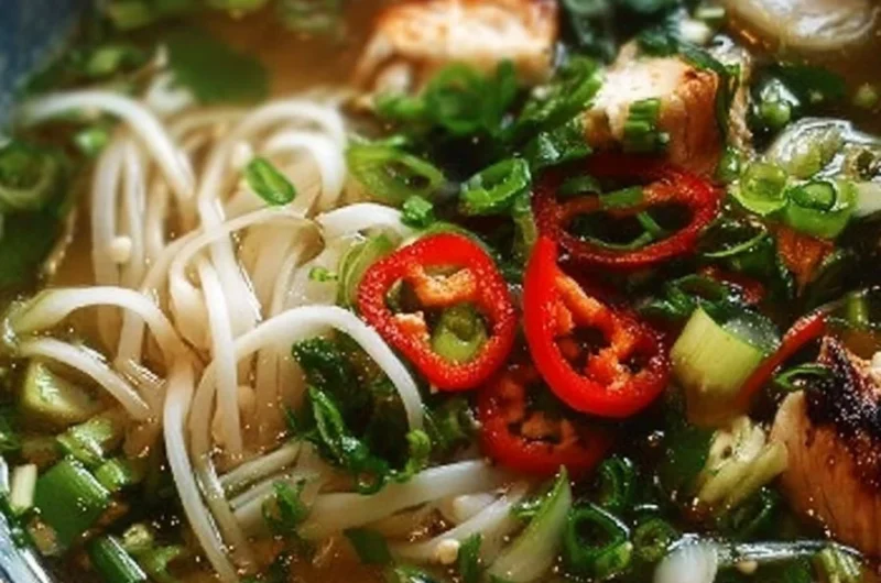 Bowl of Lemongrass Chicken Pho Soup with fresh herbs and spices
