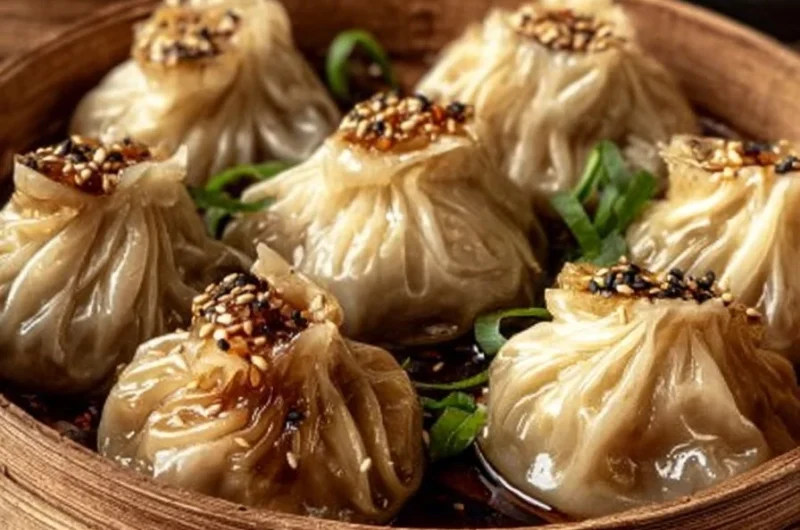Lucky Money Bags steamed dumplings served on a plate with dipping sauce