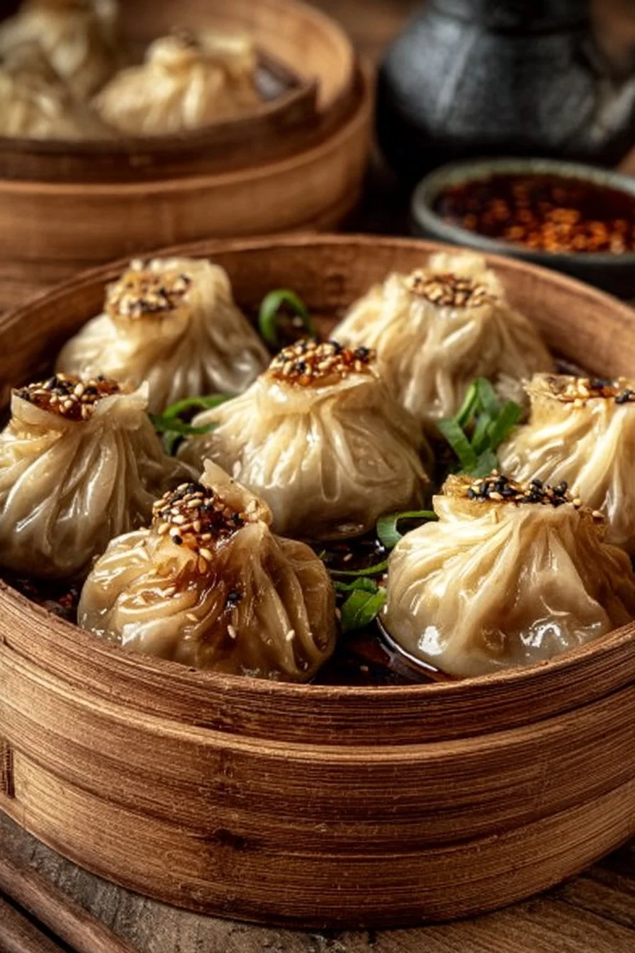 Lucky Money Bags steamed dumplings served on a plate with dipping sauce