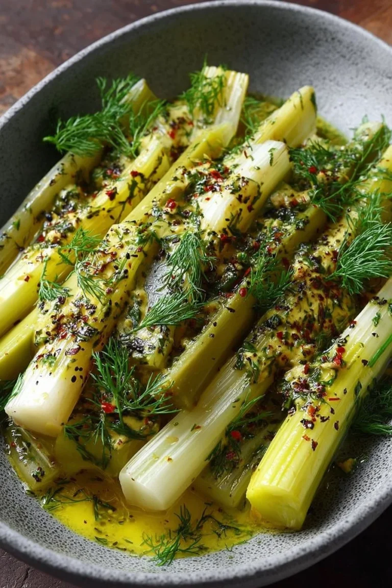 Delicious marinated leeks dressed with mustard and dill sauce