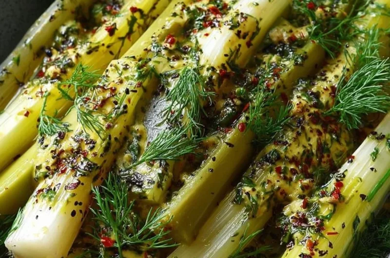 Delicious marinated leeks dressed with mustard and dill sauce