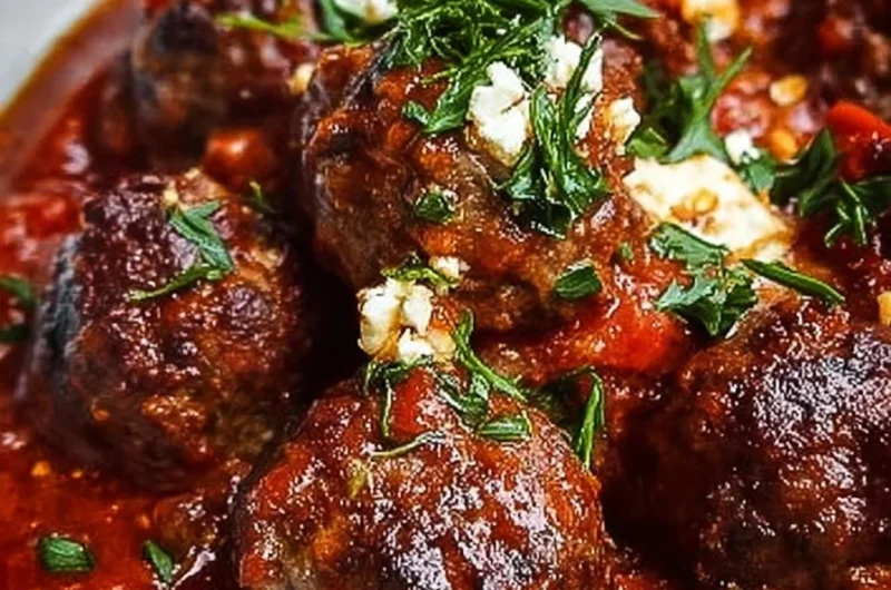Mediterranean lamb and beef meatballs with spiced tomato-mushroom sauce