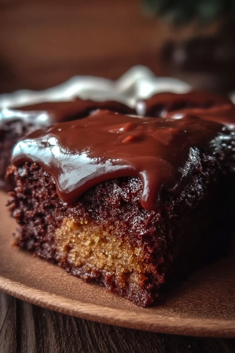 Moist Texas Sheet Cake with chocolate frosting on a wooden table