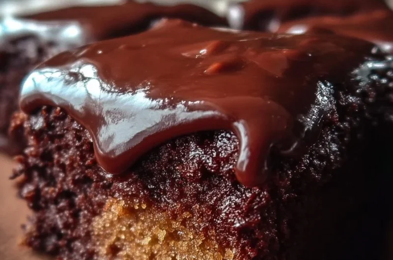 Moist Texas Sheet Cake with chocolate frosting on a wooden table