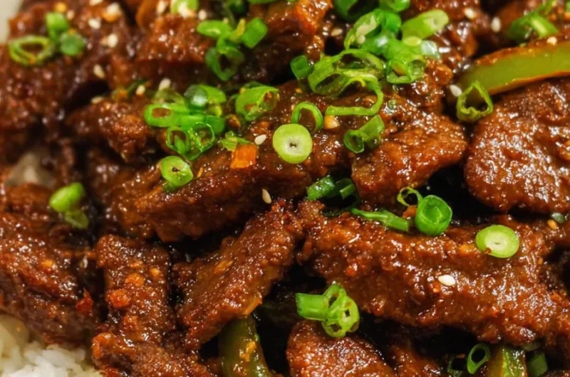Delicious plate of Mongolian Beef stir-fry with tender beef and colorful vegetables