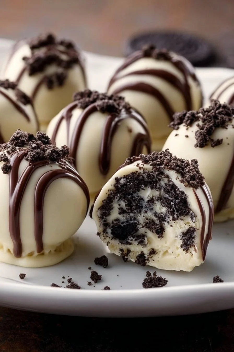 No-Bake Cookies and Cream Cheesecake Balls on a decorative plate