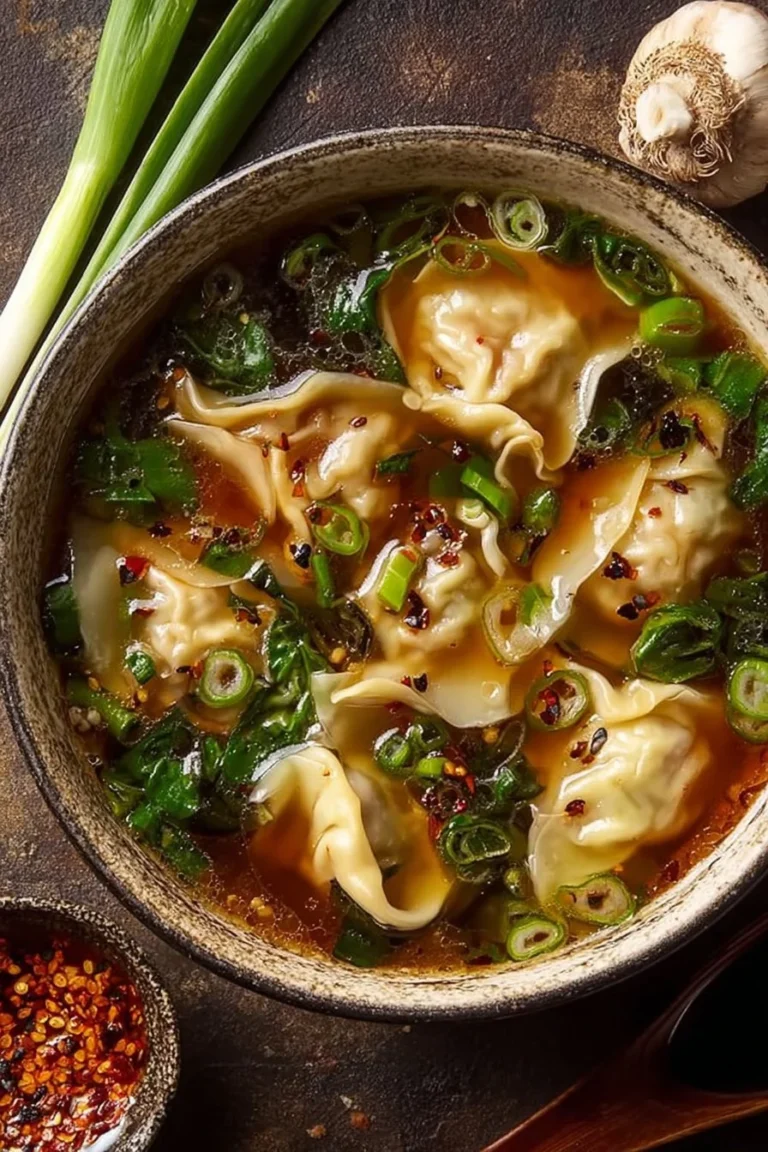 Bowl of nourishing ginger shiitake wonton soup with fresh ingredients