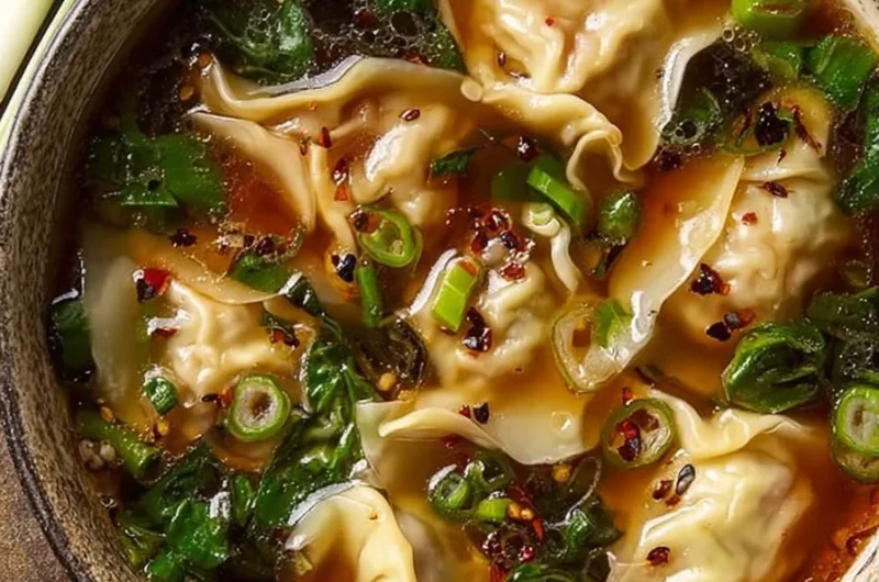 Bowl of nourishing ginger shiitake wonton soup with fresh ingredients