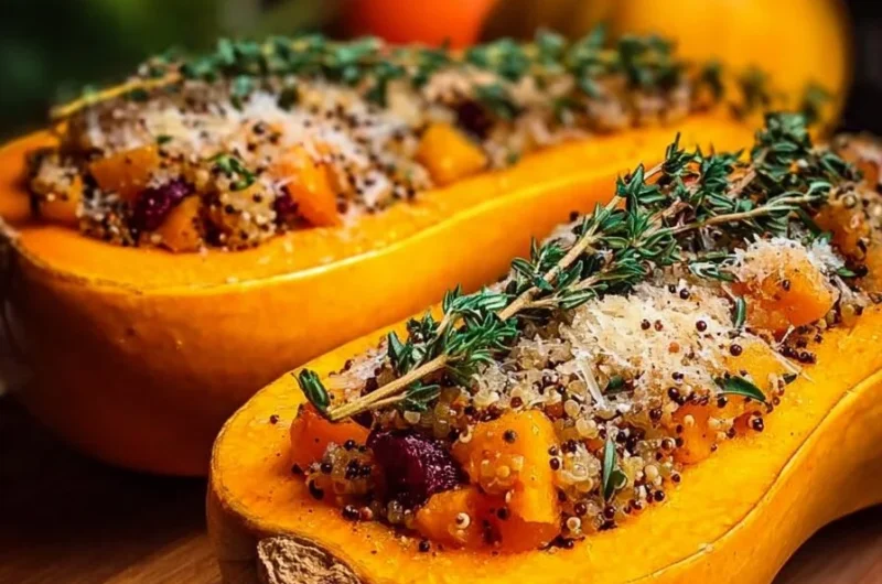 Nutritious stuffed butternut squash filled with colorful vegetables and grains.