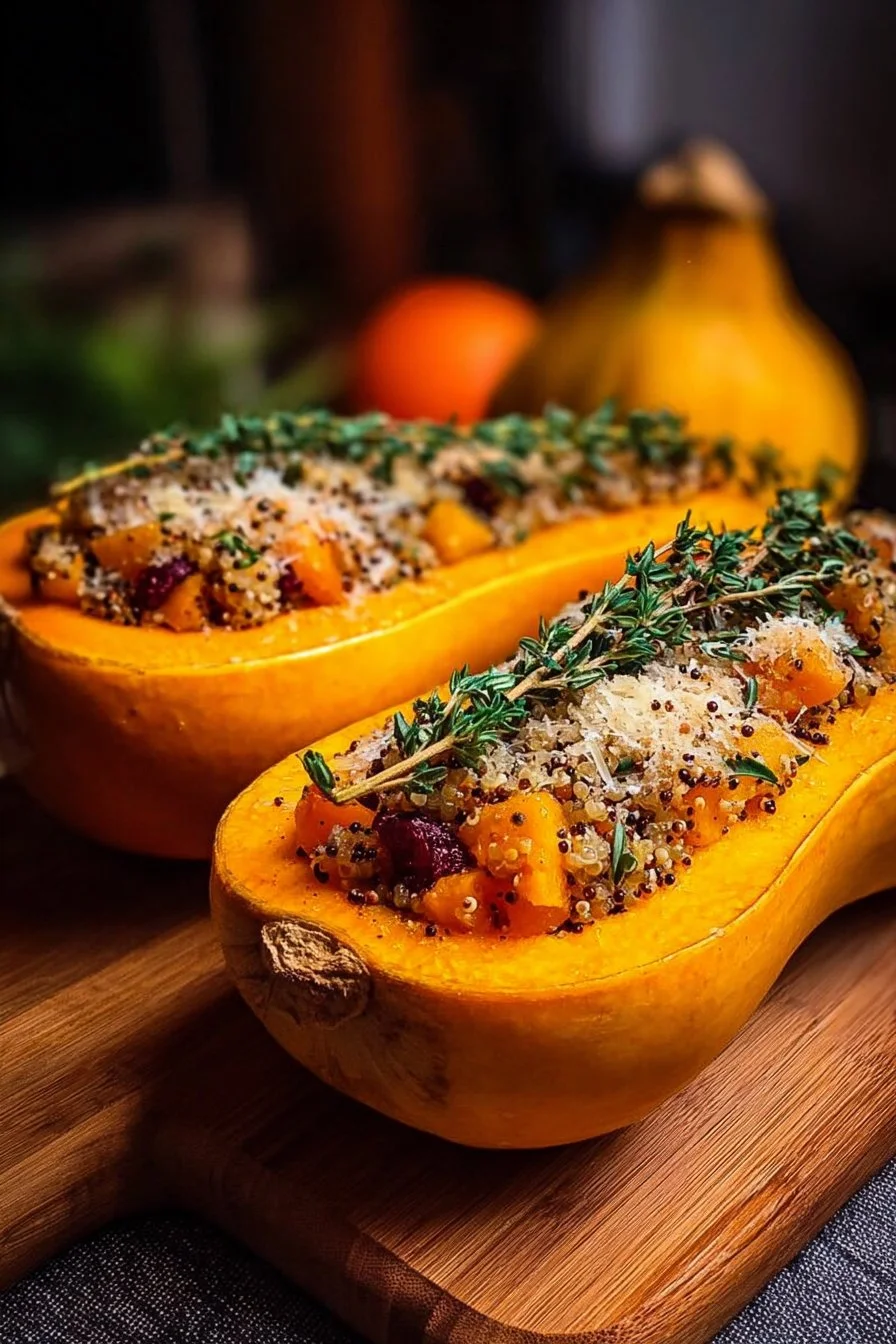 Nutritious stuffed butternut squash filled with colorful vegetables and grains.