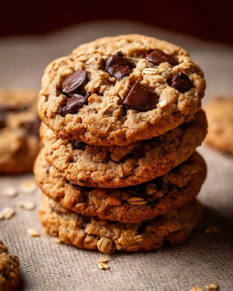 Homemade oatmeal chocolate chip cookies on a wooden table