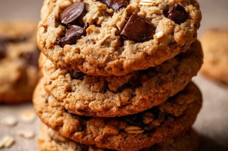 Homemade oatmeal chocolate chip cookies on a wooden table