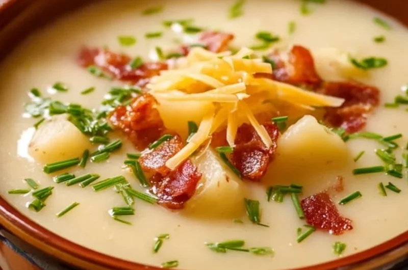 Creamy Outback potato soup served in a bowl with toppings