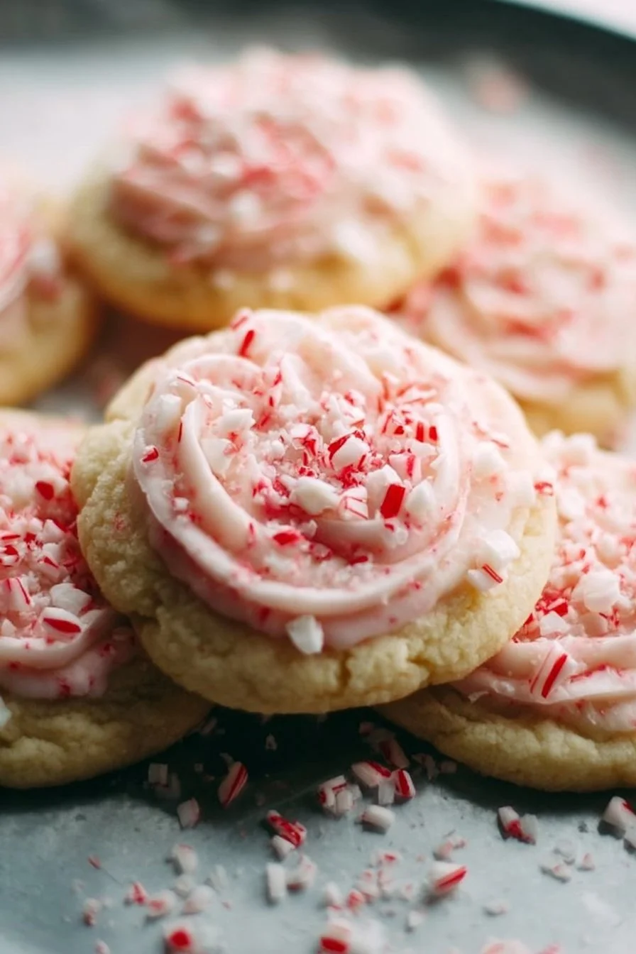 Decorated peppermint sugar cookies on a festive plate