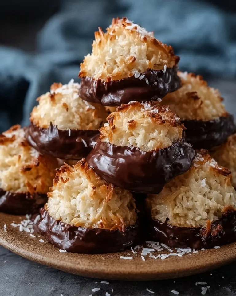 Perfect chocolate-dipped coconut macaroons on a plate, ready to be enjoyed