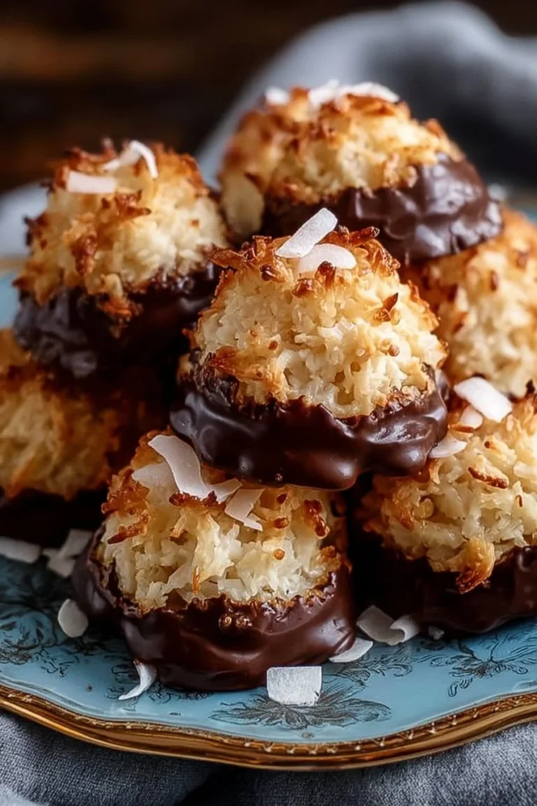 Delicious chocolate-dipped coconut macaroons on a plate