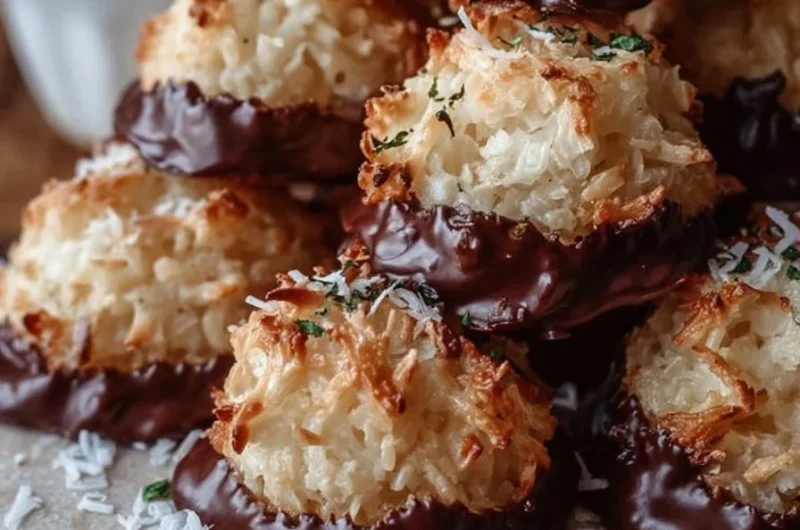 Delicious chocolate-dipped coconut macaroons on a white plate