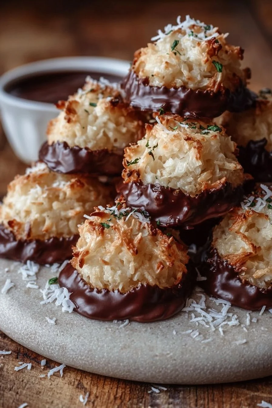 Delicious chocolate-dipped coconut macaroons on a white plate
