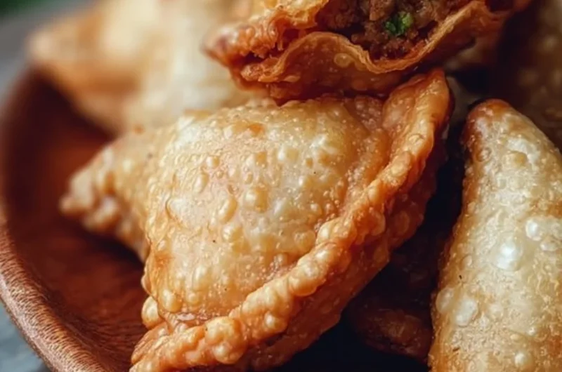 Plate of crispy Indian samosas with delicious fillings and a dipping sauce