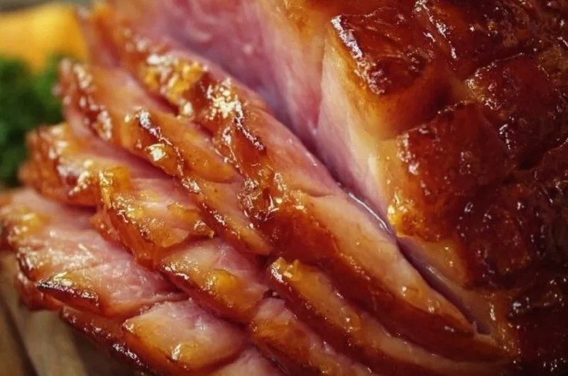 A beautifully glazed honey baked ham served on a festive platter.