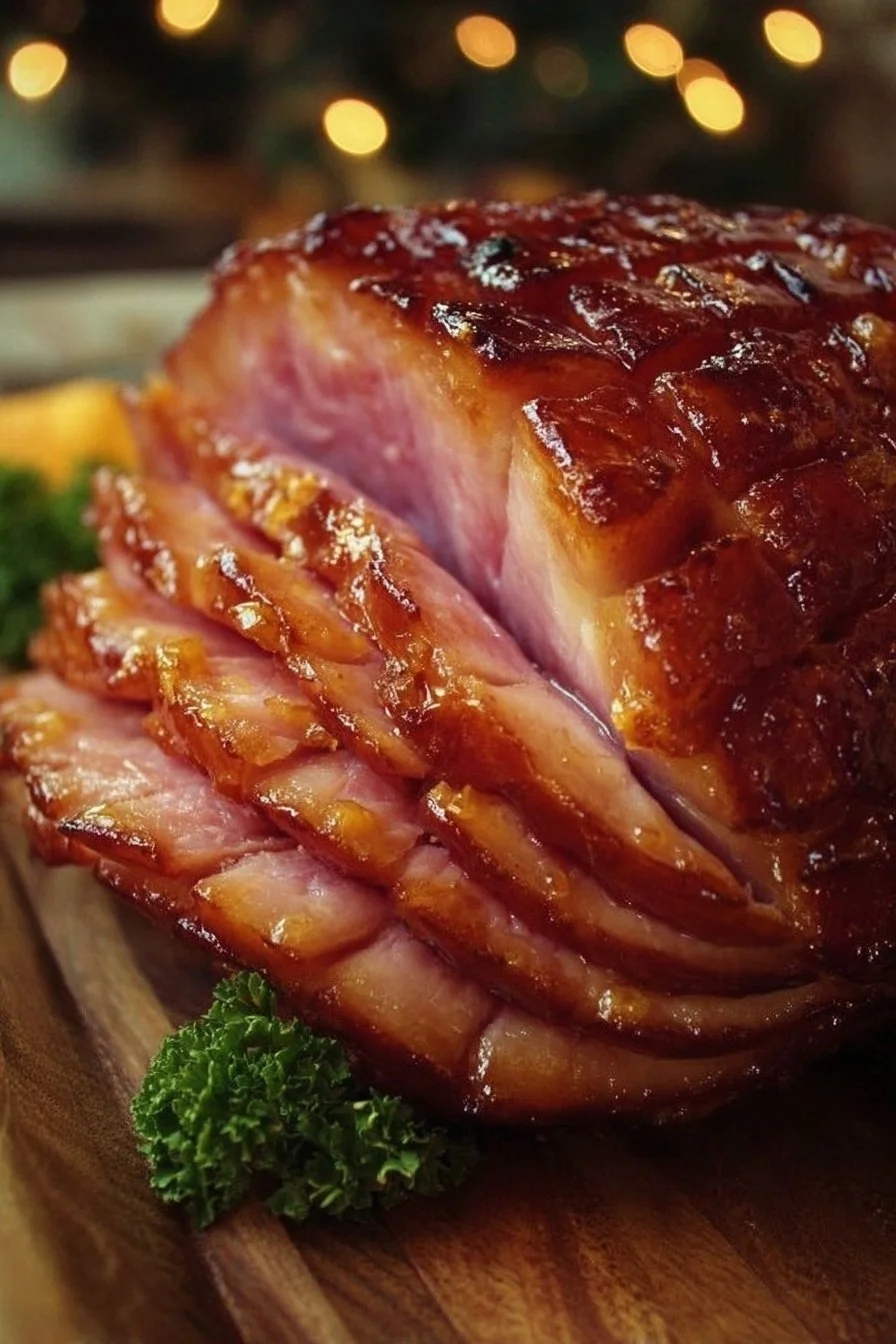 A beautifully glazed honey baked ham served on a festive platter.