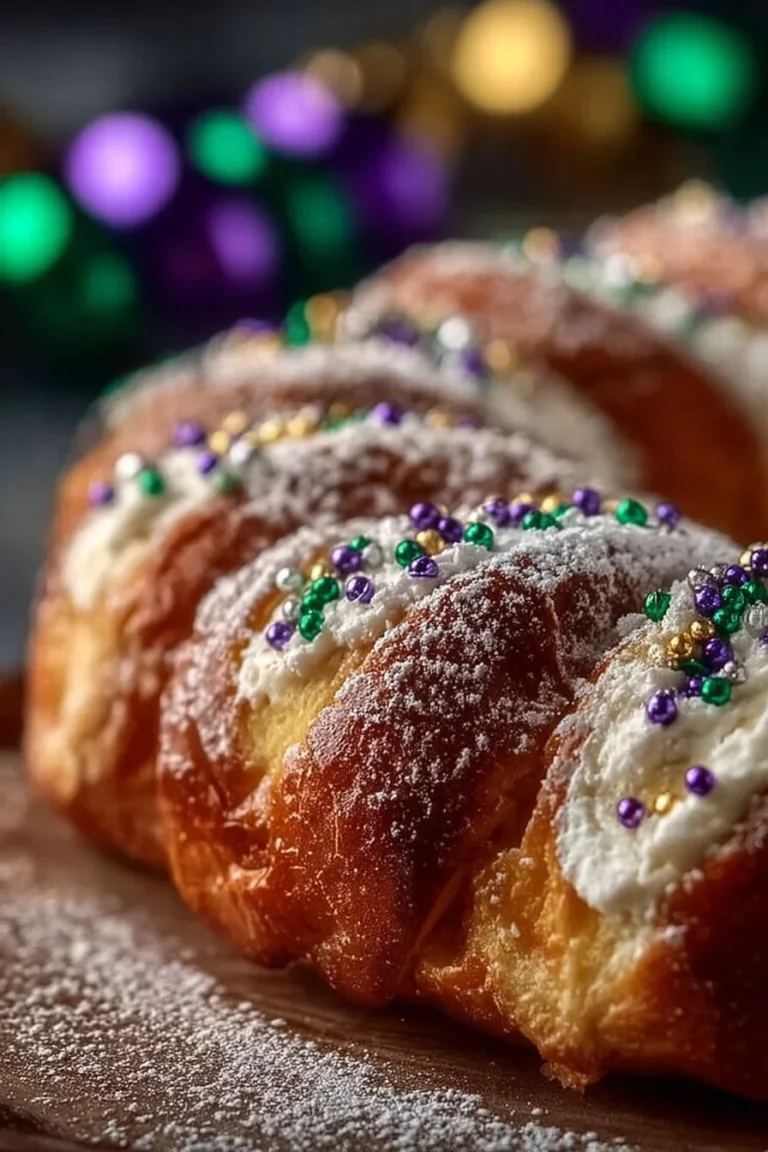 Delicious New Orleans King Cake decorated with colorful icing for Mardi Gras.