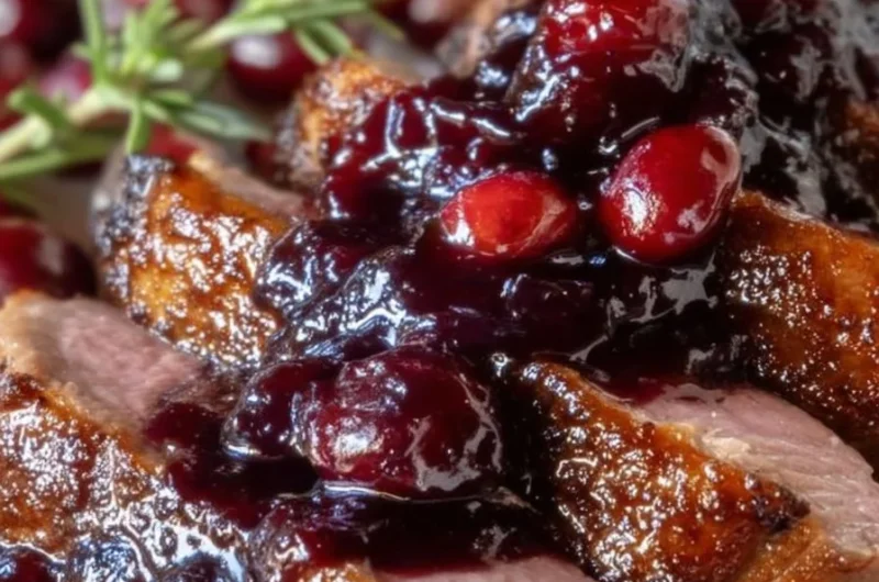 Perfectly pan-seared duck breast served with cherry port reduction sauce