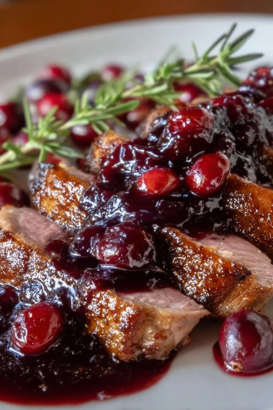 Perfectly pan-seared duck breast served with cherry port reduction sauce